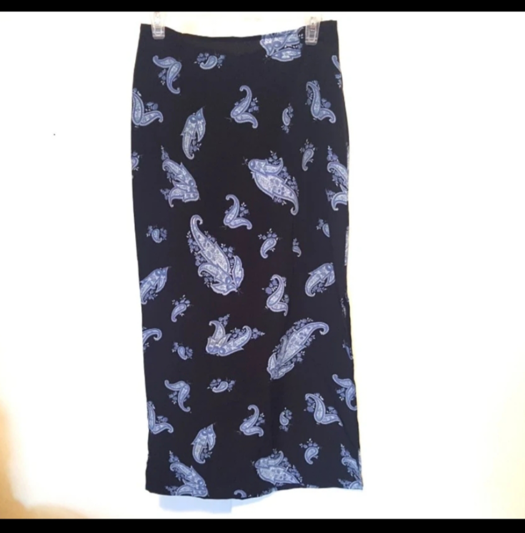 Vintage 90s Black and Blue Paisley maxi Skirt with slit