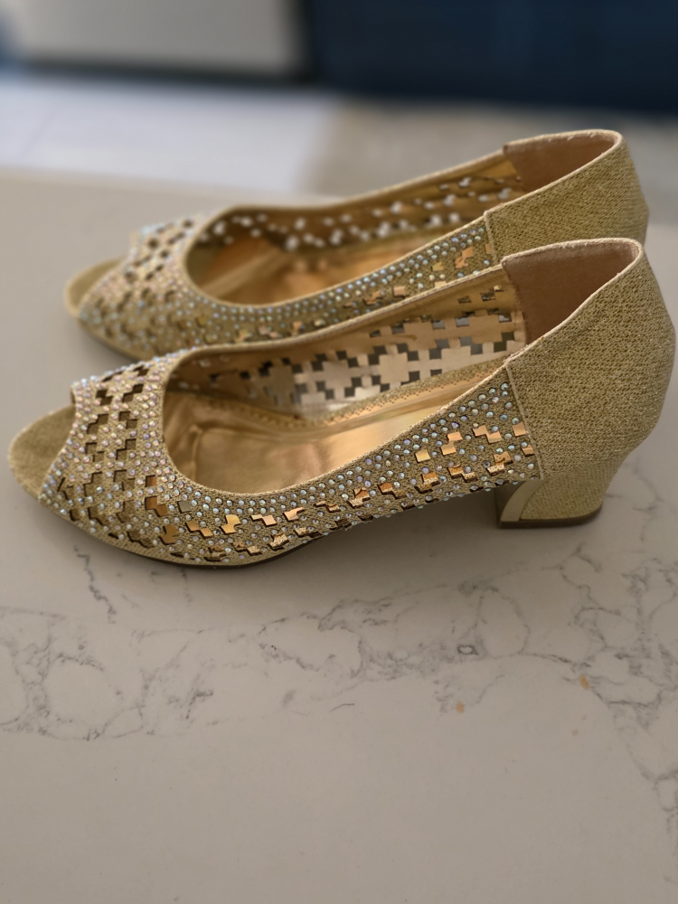Gold peep-toe heels