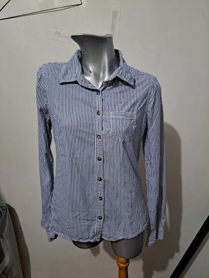 Bluenotes Women's Blue and White Striped Button-Down Shirt thumbnail