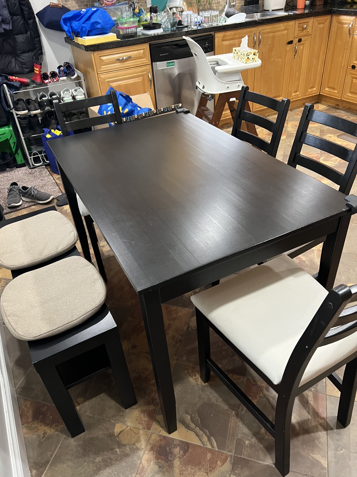 Black Dining Table Set with Bench and Four Chairs