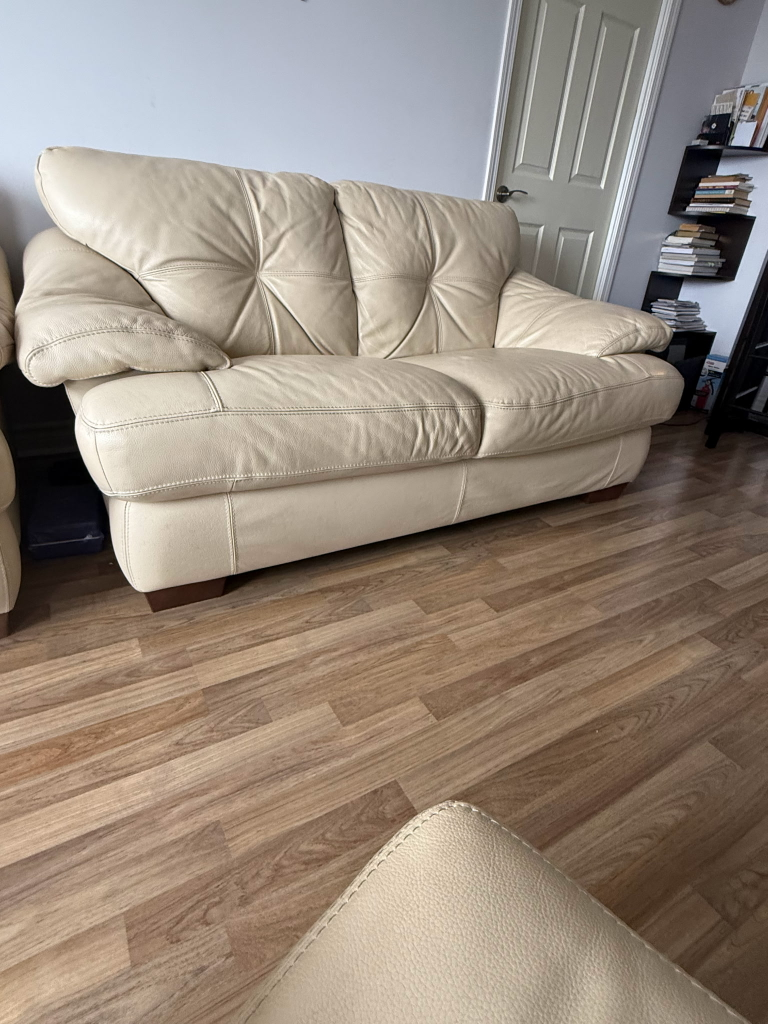 Cream Leather Sofa Set - 2 Seats, Armchair & Ottoman