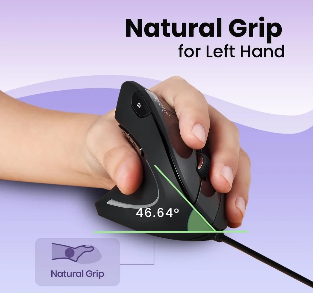 Left-Handed Vertical Ergonomic Mouse - 6 Buttons, 800/1600 DPI image indicator(3)