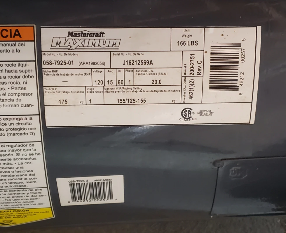 Mastercraft Maximum Air Compressor - 20 Gallon, 1.9 HP - photo 3