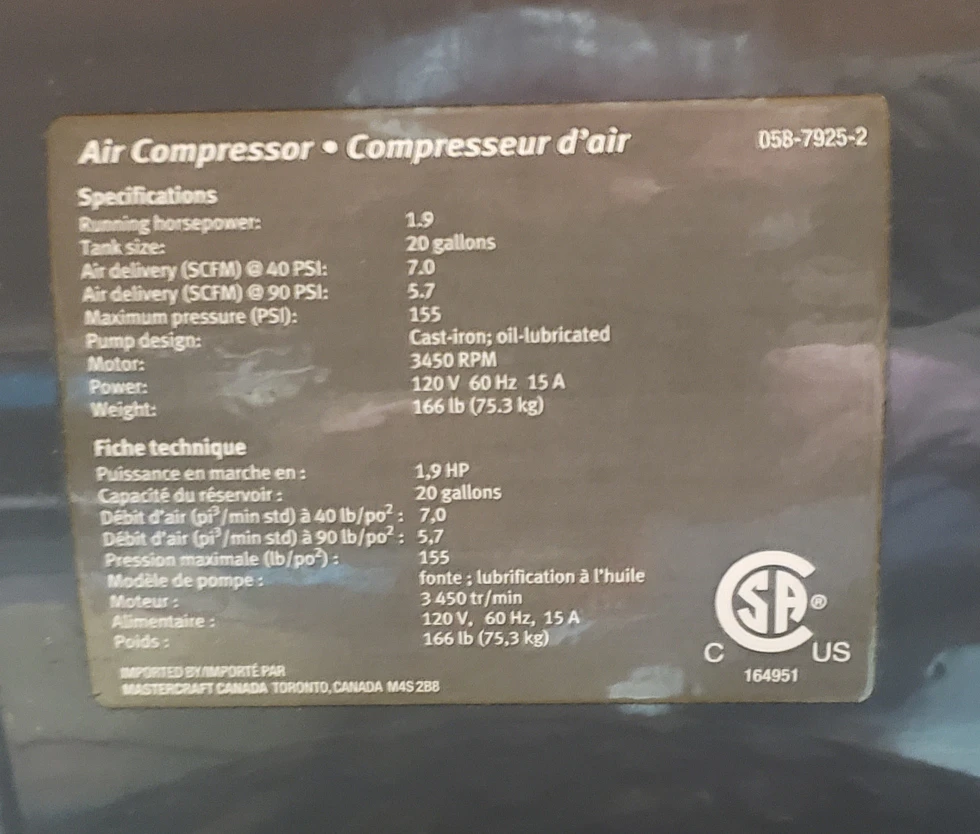 Mastercraft Maximum Air Compressor - 20 Gallon, 1.9 HP - photo 4