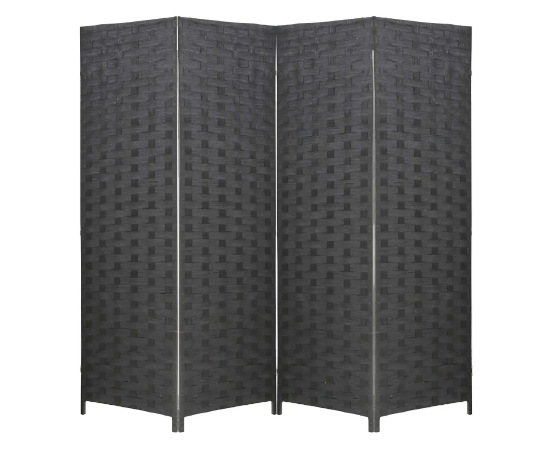 Four Panel Room Divider, Black Woven Screen