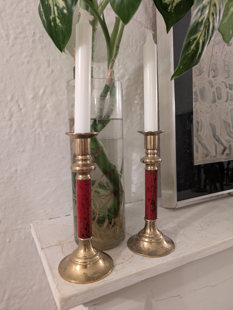 Pair of Vintage Brass Candlesticks with Red Accents