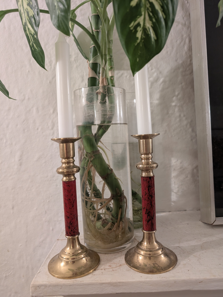 Pair of Vintage Brass Candlesticks with Red Accents - photo 2