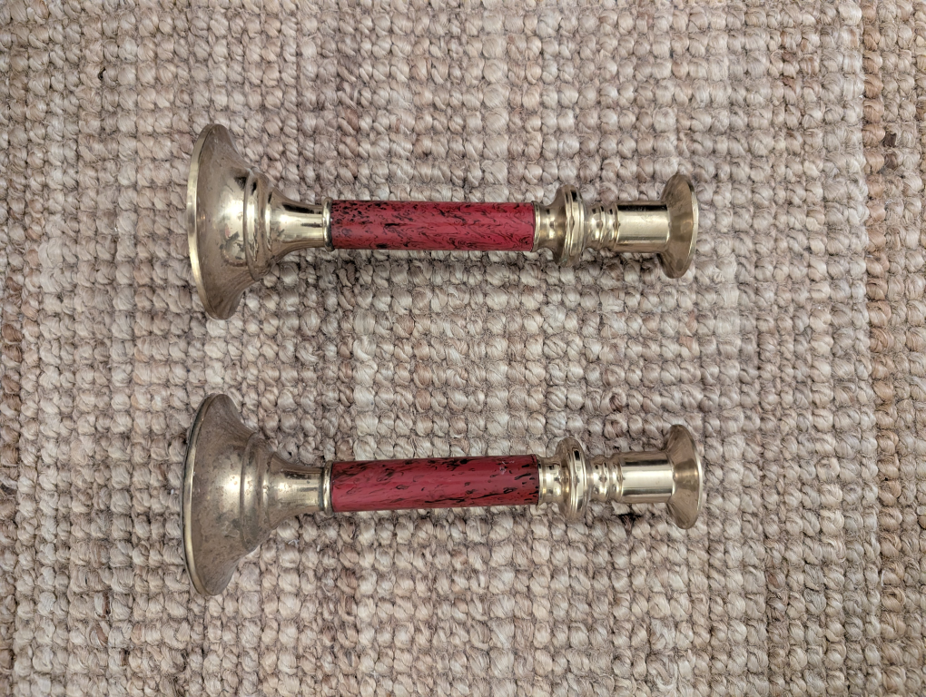 Pair of Vintage Brass Candlesticks with Red Accents - photo 3