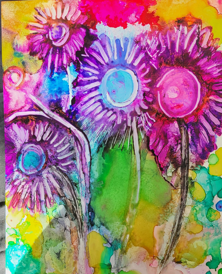 Set of five vibrant alcohol ink floral paintings - photo 4