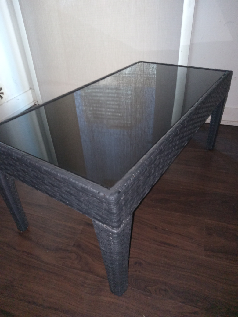 Black Wicker Coffee Table with Glass Top