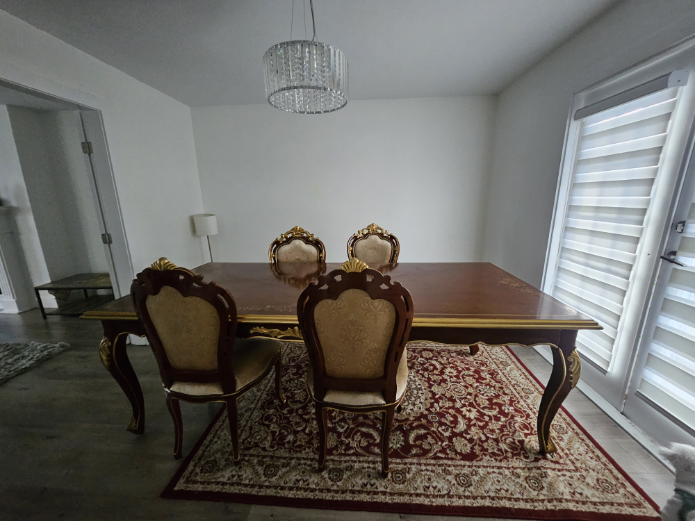 Dining table with chairs and rug