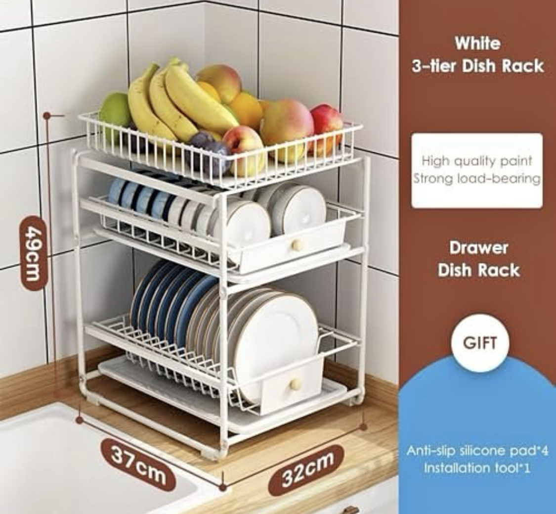 White 3-Tier Dish Drying Rack with Drawers - photo 2