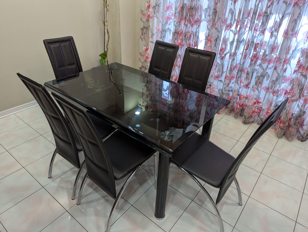 Glass Dining Table Set with 6 Black Chairs
