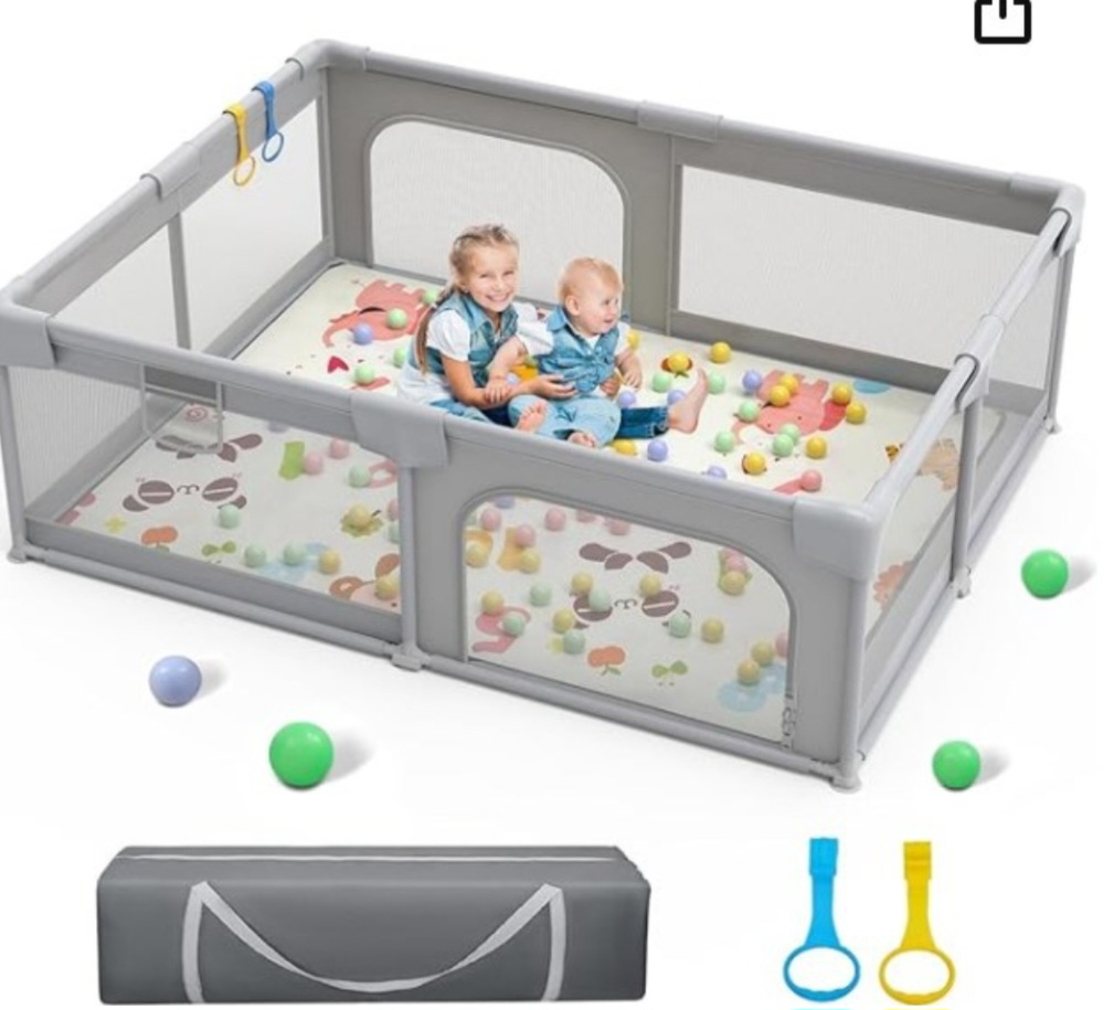 Grey Foldable Baby Playpen with Mat