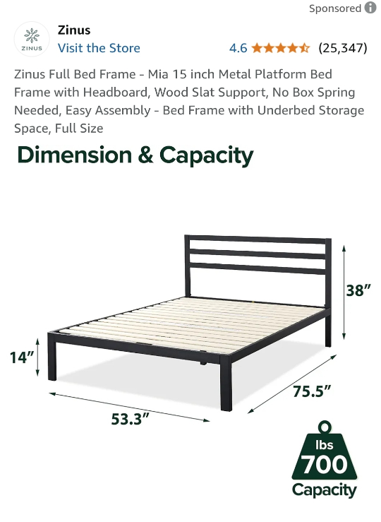 Zinus Mia Full Metal Platform Bed Frame