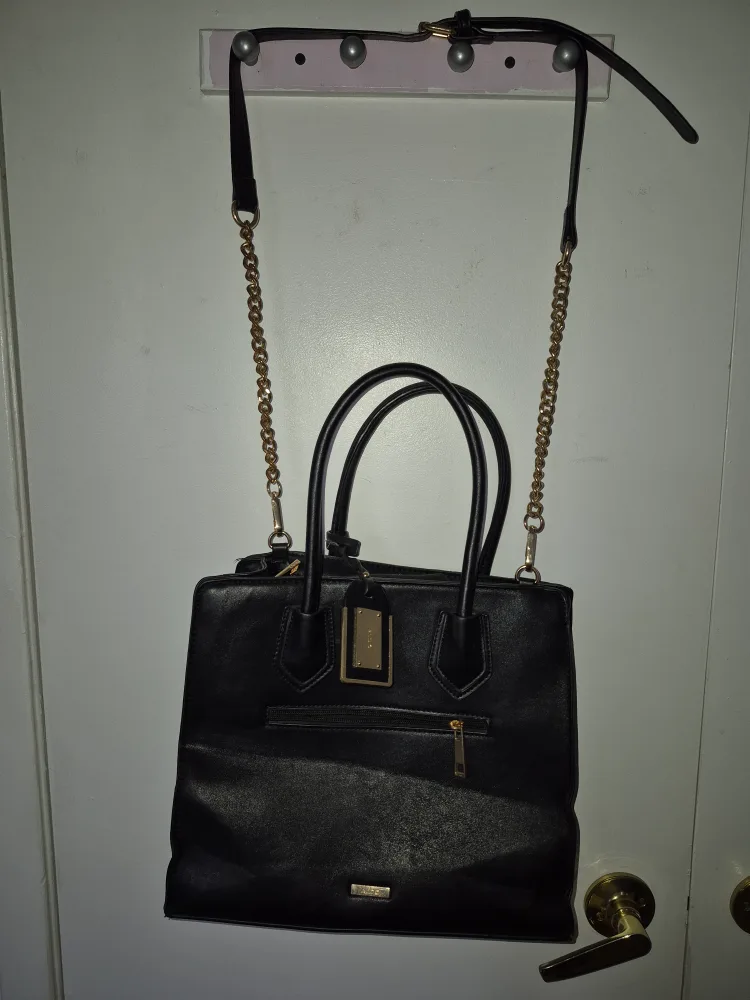 Black quilted satchel handbag with gold chain strap image indicator(2)