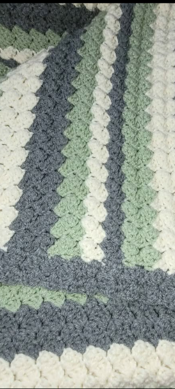 Handmade Crochet Blanket, Grey, Green and Cream Stripes