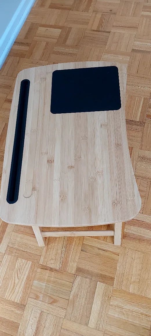 Portable bamboo laptop table. Features a phone/tablet holder image indicator(4)