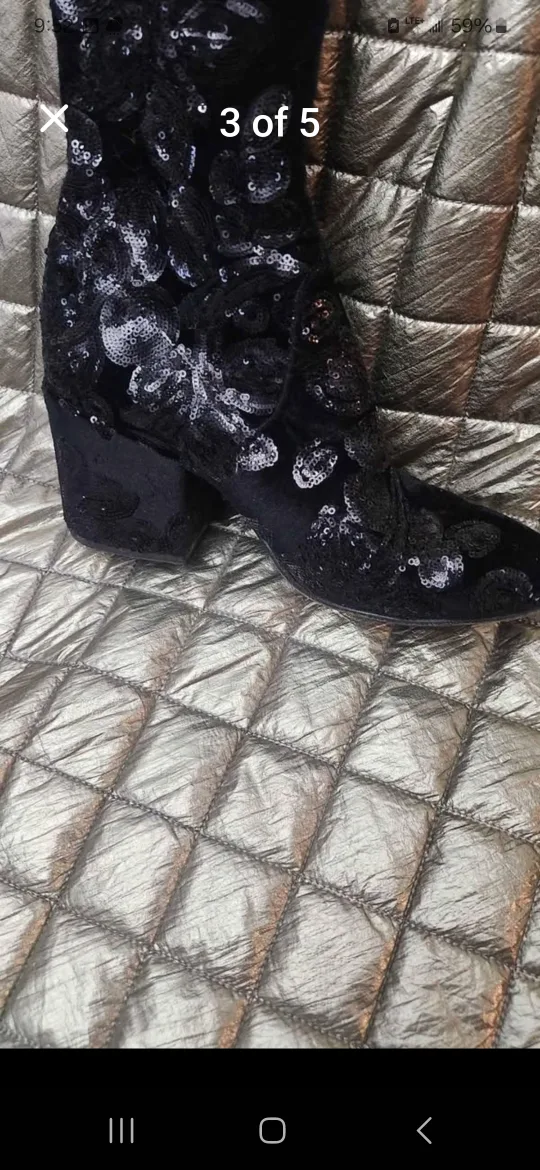 Black Velvet Over-the-Knee Boots with Floral Embellishment thumbnail