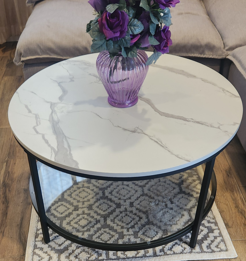 Round Coffee Table with faux Marble Top and Glass Shelf - photo 2