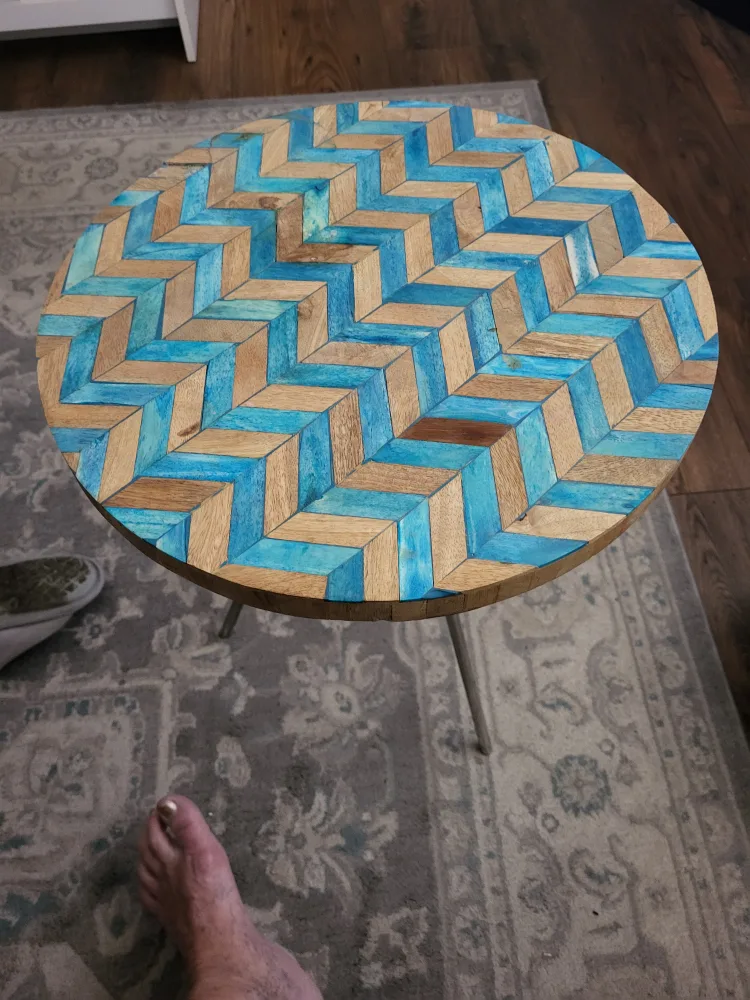 Unique Round Side Table with Chevron Pattern Top thumbnail