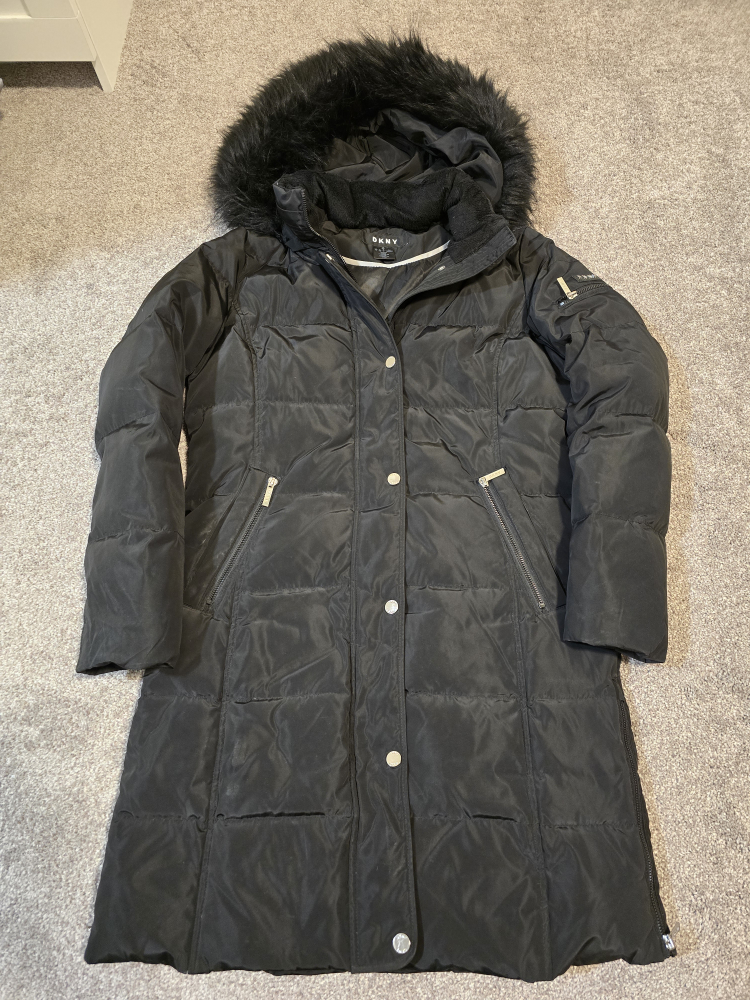 DKNY Black Long Puffer Jacket with Faux Fur Hood