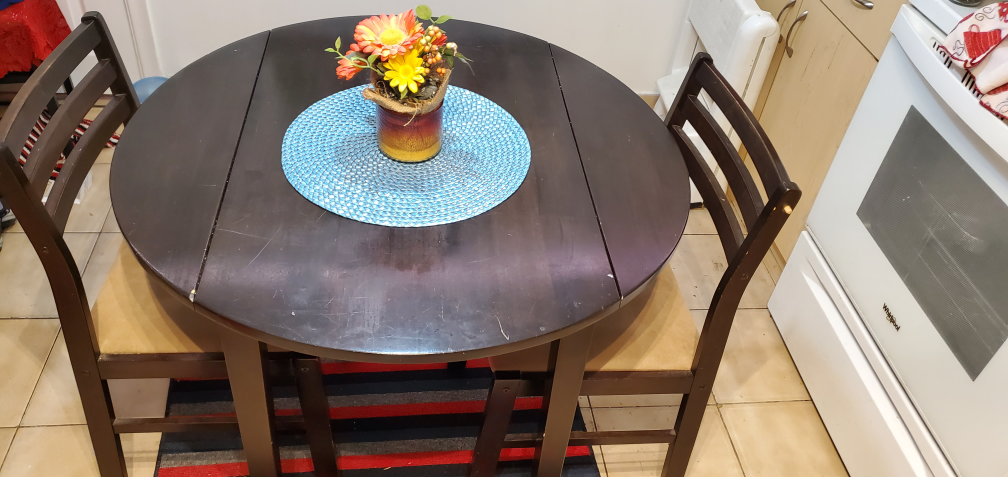 Dark Brown Round Drop Leaf Table with Two Chairs