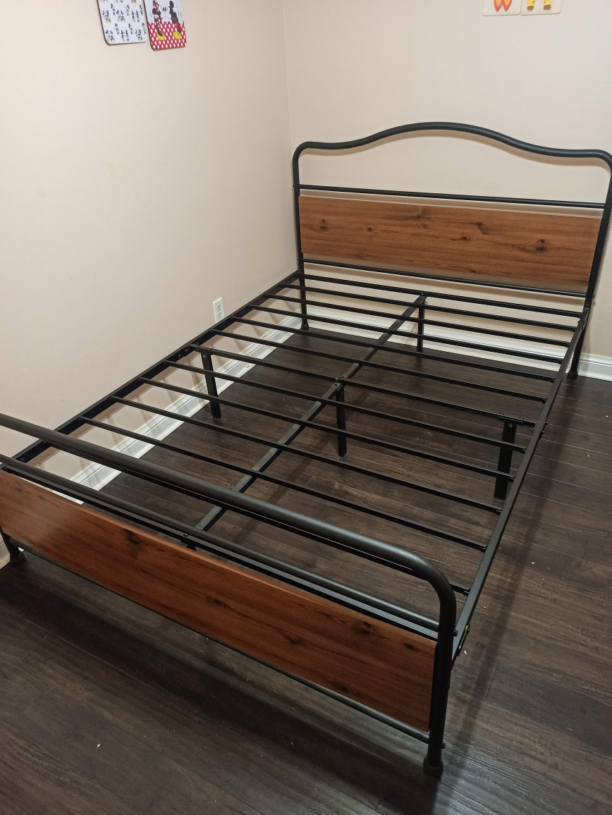 Queen Metal Bed Frame with Wood Headboard