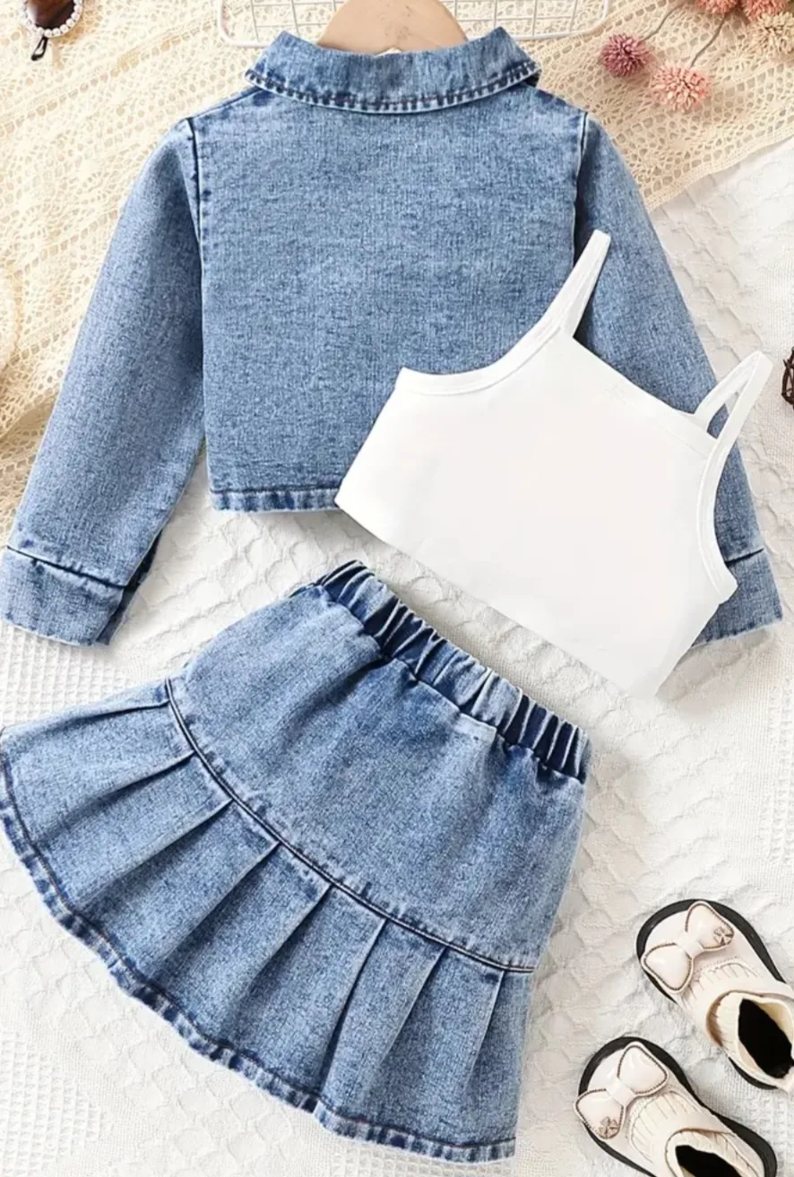 Girls' 3-Piece Denim Outfit: Jacket, Tank Top & Skirt image indicator(2)