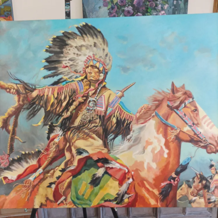 Large Native American Horseman Oil Painting image indicator(2)