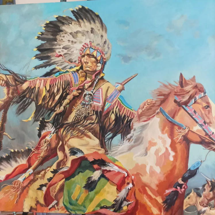 Large Native American Horseman Oil Painting image indicator(9)