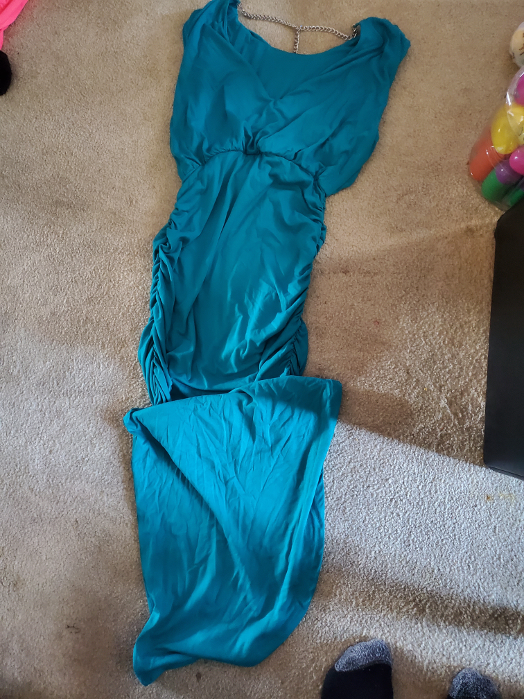 Teal Ruched Maxi Dress with Chain Detail - Size M