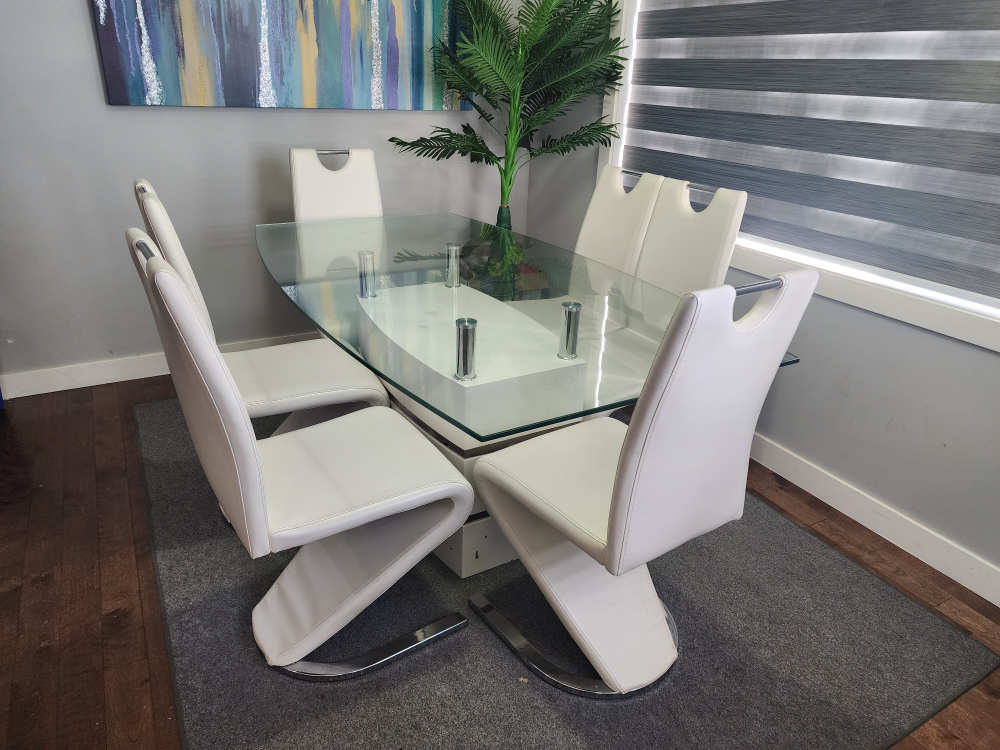 Modern Glass Top Dining Table with Six White Chairs - photo 2