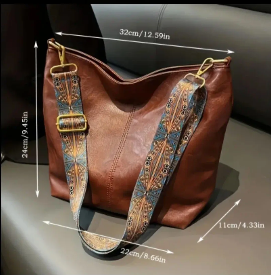 BRAND NEW Brown PU Shoulder Bag with patterned strap🧡 image indicator(5)
