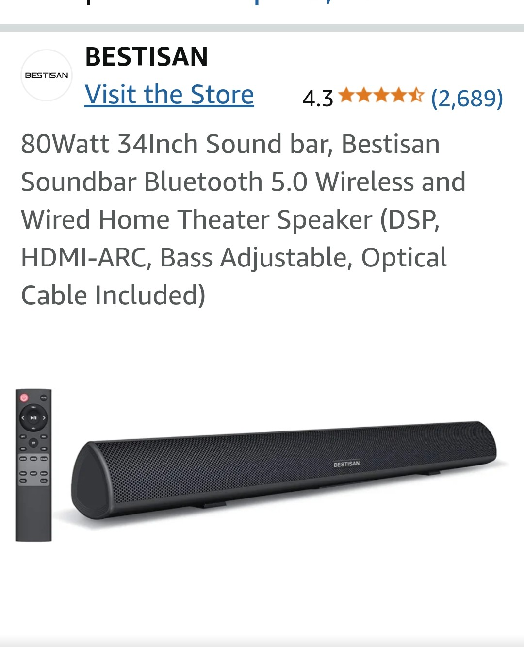 Bestisan 80W 34-inch Bluetooth Soundbar