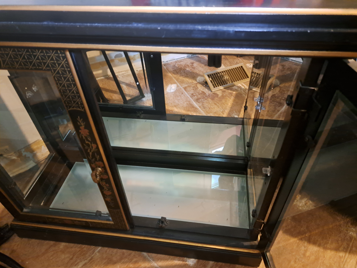 Black and Gold Asian-Style Display Cabinet and Mirror Set