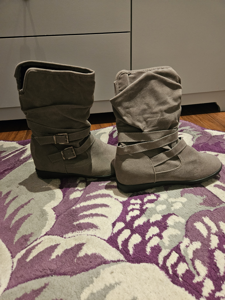 Grey Suede Buckle Boots