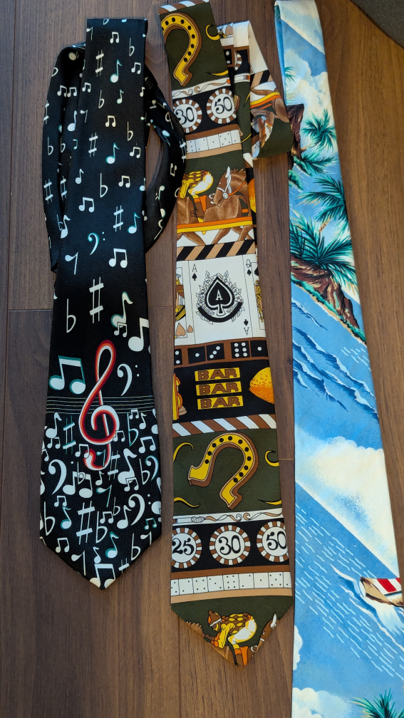 Three Vintage Neckties: Music Notes, Casino, Tropical