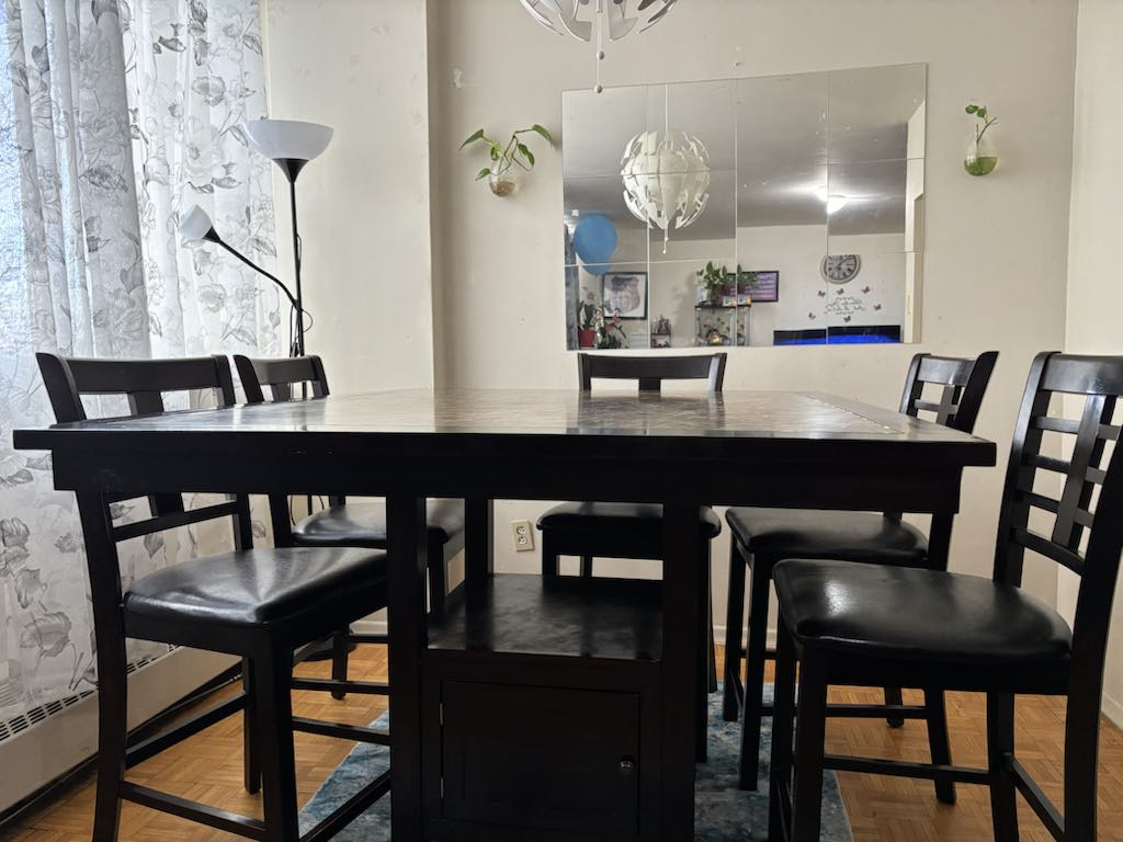 Dark Brown Kitchen Table with 6 Black Chairs