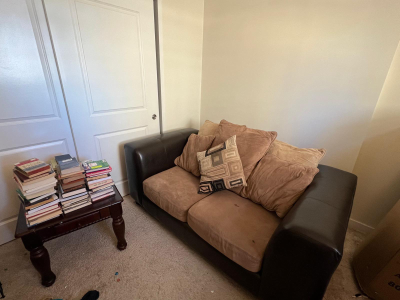 Brown Leather and Microfiber Loveseat with side table