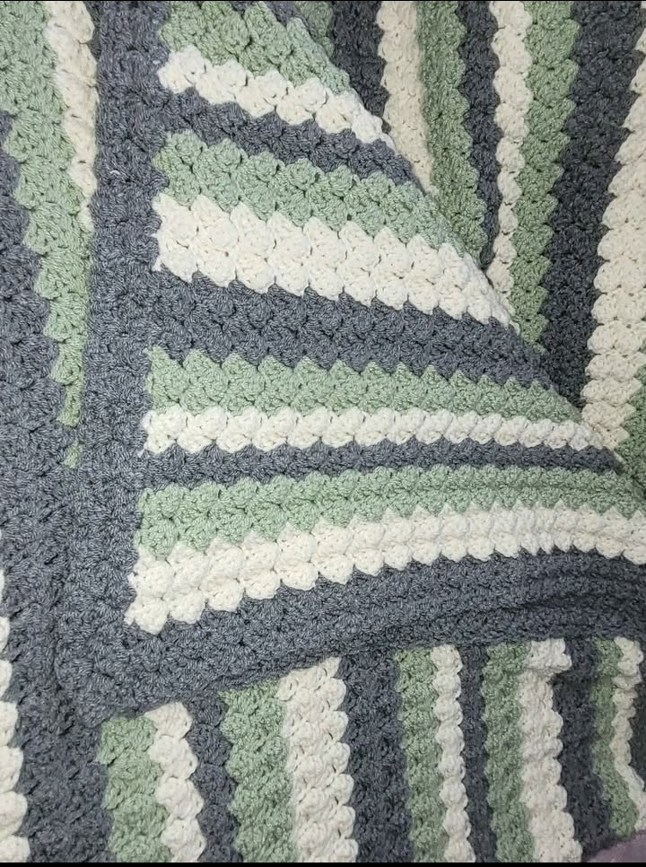 Handmade Crochet Blanket, Grey, Green and Cream Stripes - photo 2