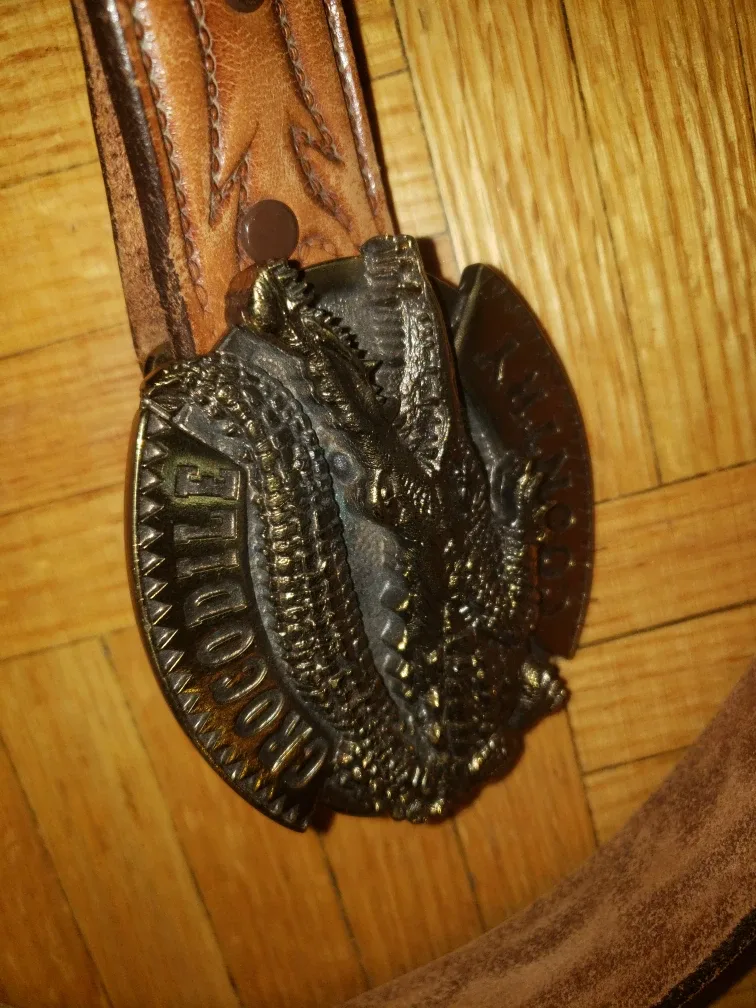 Vintage Crocodile Belt Buckle with Leather Strap 🧡 image indicator(2)