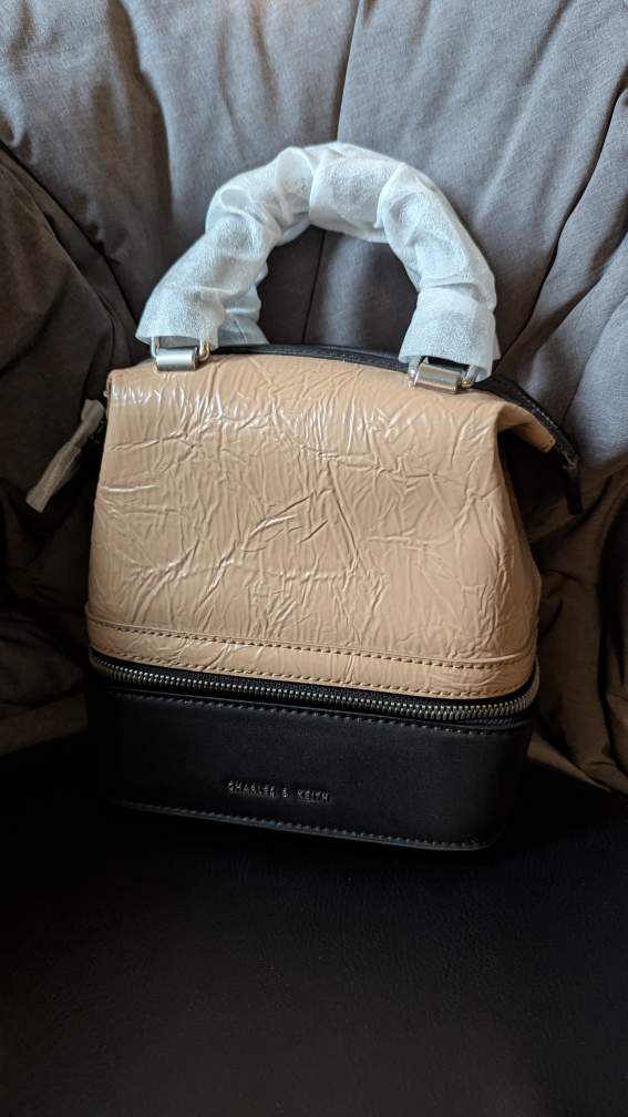 Charles & Keith Cream and Black Mini Satchel Bag
