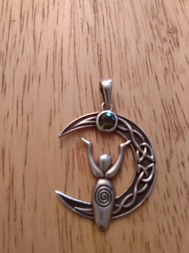 Sterling Silver Crescent Moon Goddess Pendant with Moldavite thumbnail