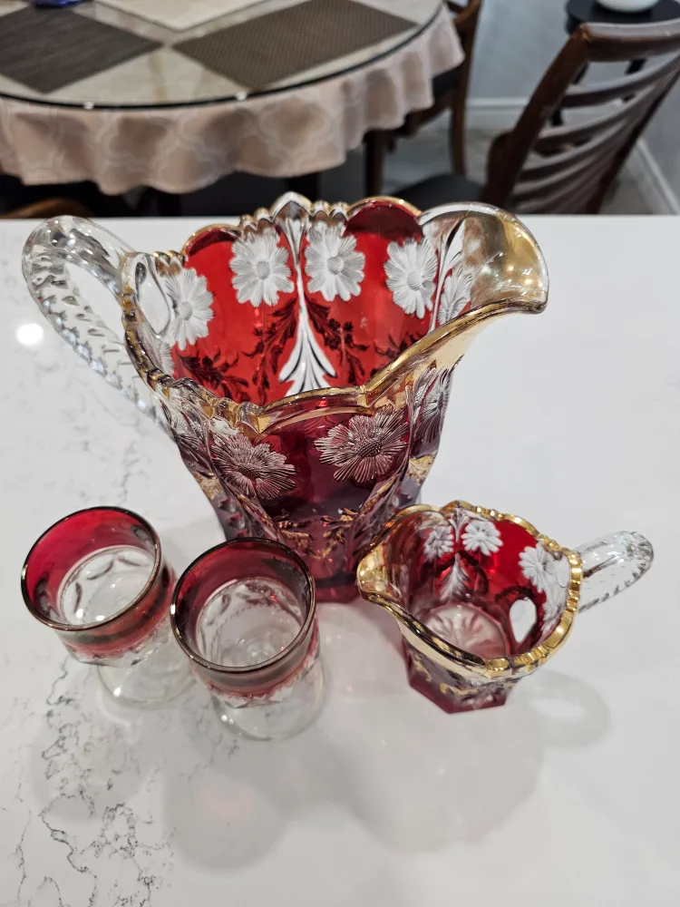 🧡Vintage Ruby Red Glass Pitcher Set with Two Liquor Glasses image indicator(2)
