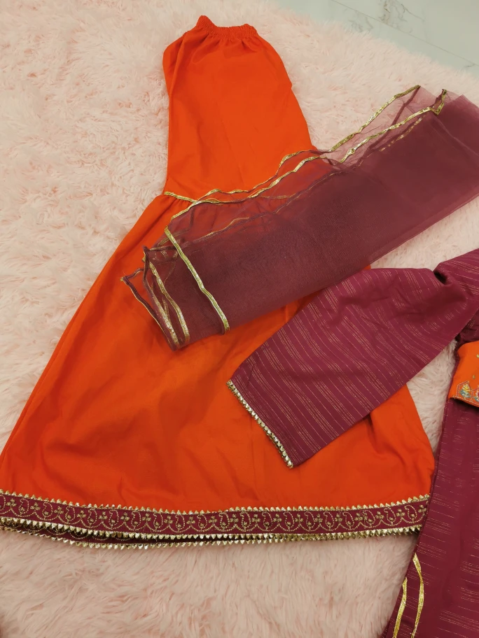 Girls' Orange and Maroon Embroidered Three-Piece Suit