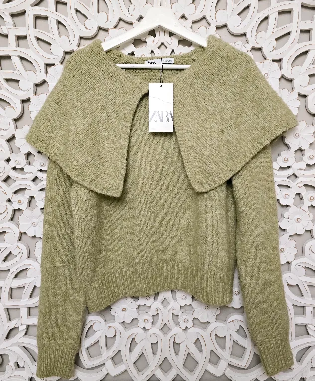 New Zara Knit Sweater with Large Collar - Olive Green