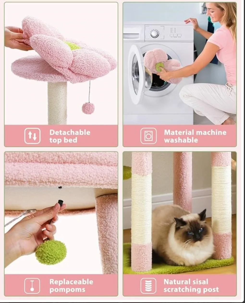 Pink and Green Cat Tree with Flower-Shaped Platforms image indicator(3)
