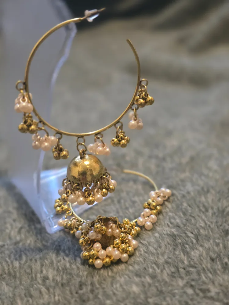 Gold Jhumka Earrings with Pearls and Stones image indicator(2)