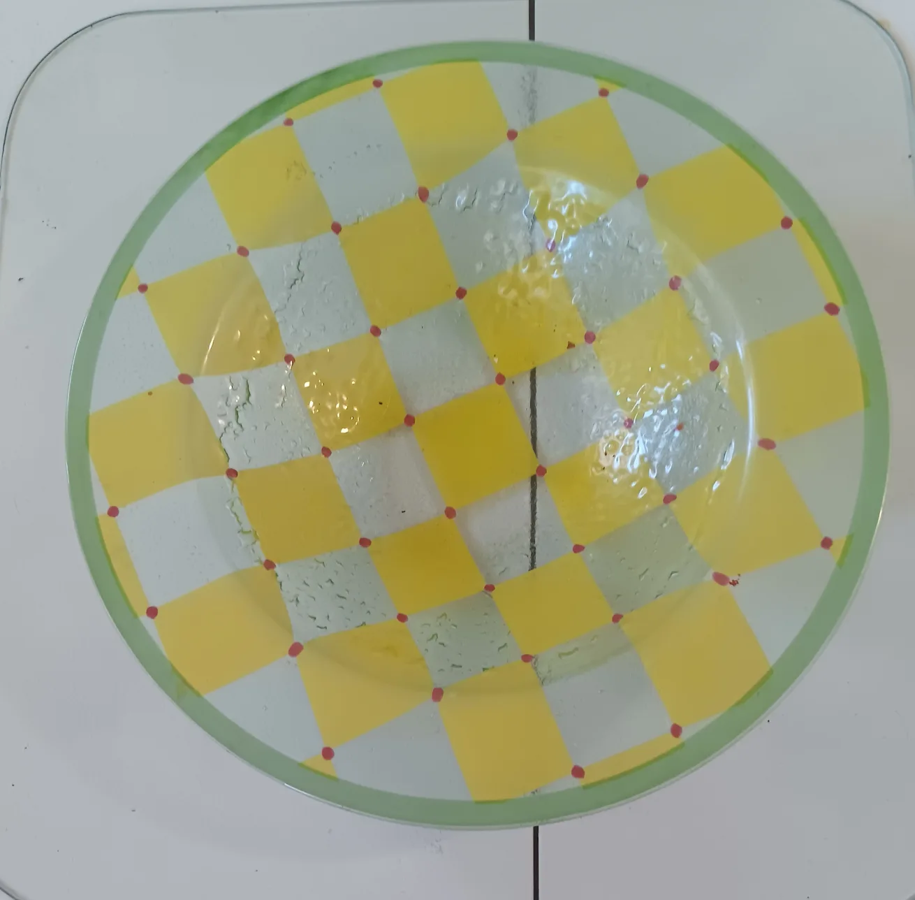 Large Decorative Glass Bowl, Yellow and Green Checkered Pattern image indicator(2)